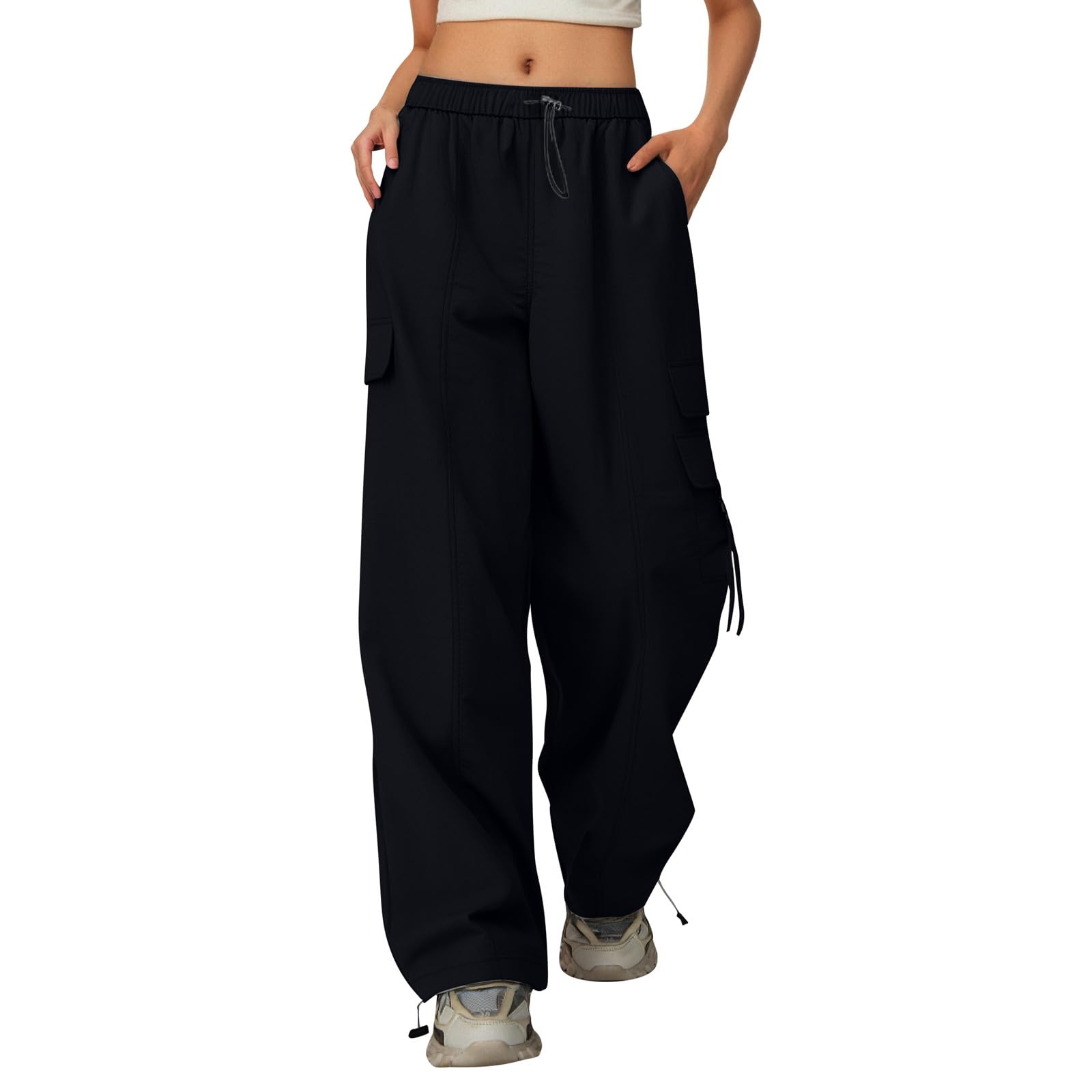 Jogging cargo fille taille haute cordon et coupe ample décontractée