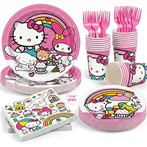Hello Kitty Birthday Decorations for Party | Hello Kitty Plates and Napkins Cups Forks for 16 | Decor Officially Licensed
