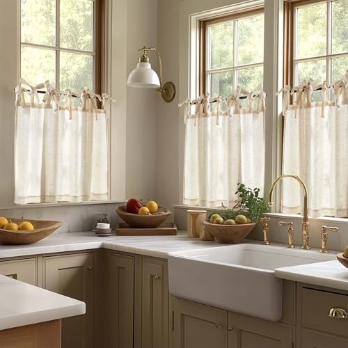 Cortinas cocina cortas TOPICK de lino rústico beige, pack de 2 cortinas semitransparentes 65x60 3