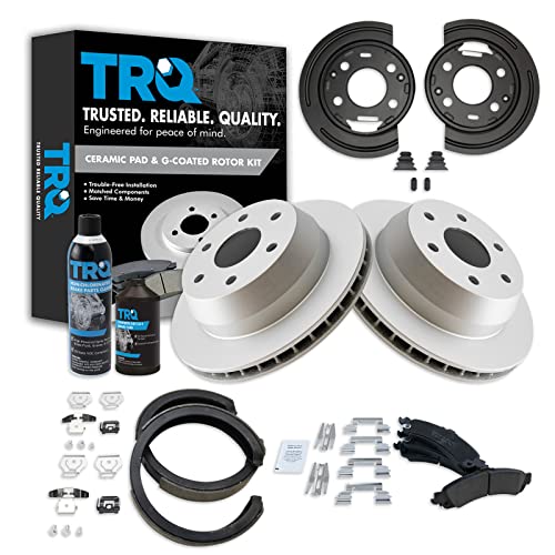 Image of TRQ Rear Ceramic Pad Coated Rotor Parking Shoe & Backing Plates w /Fluids Compatible with GM