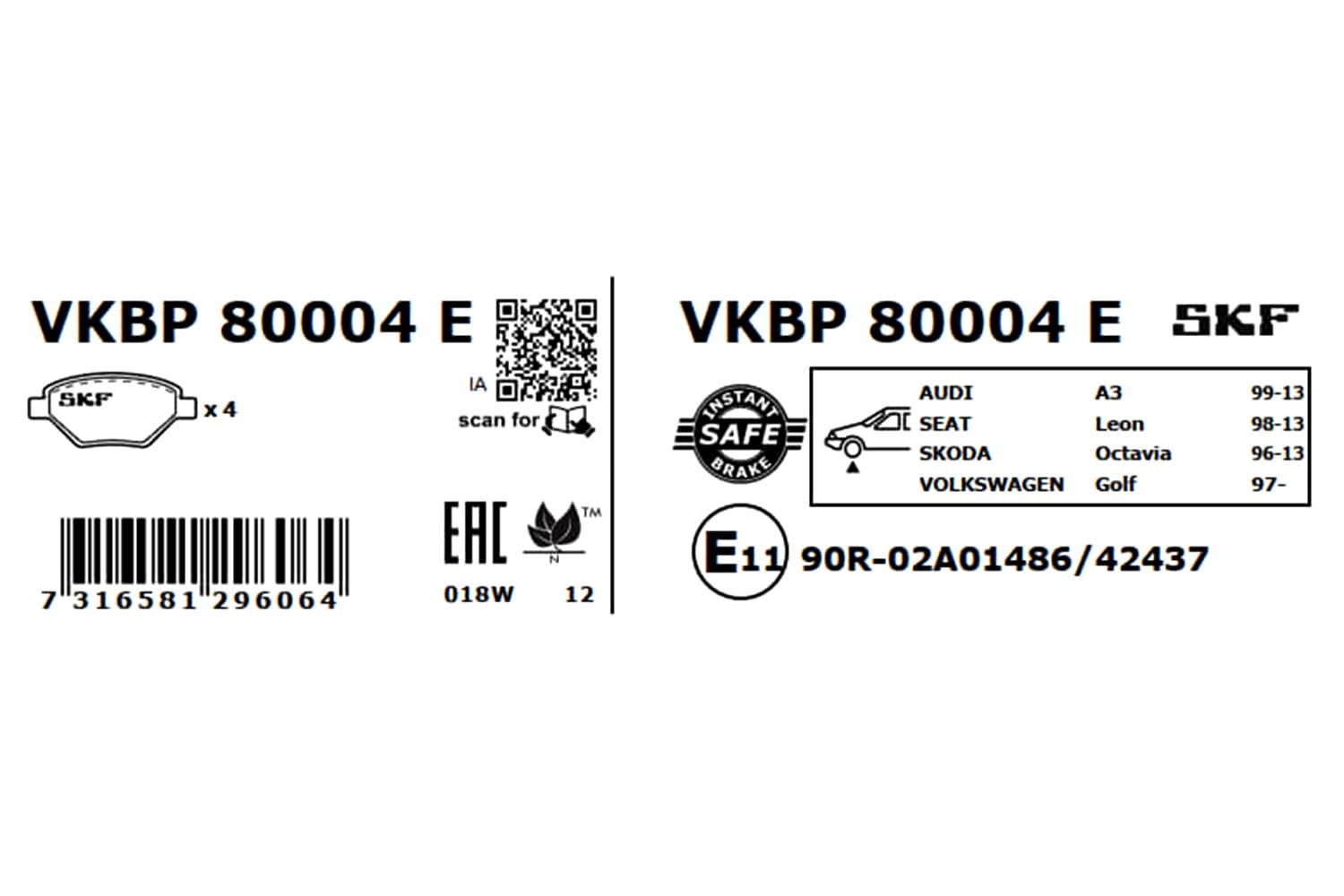 SKF Fren Balatası Ön Volkswagen Golf IV 1.4 16V 97-04, 1.6 97-05, 1.6 16V 00-05, 1.8 97-05, 2.0 98-04, 1.9 TDI 97-04, Golf V 1.4 16V 03-08, 1.6 04-08, 1.9 Dtı Vkbp 80004E - Vkbp 80004 E