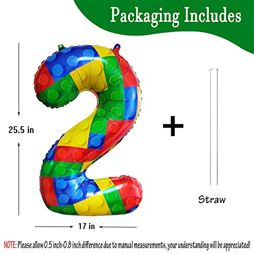 Image of 32 Inch Building Block Number 2 Balloons 2 Years Old Balloons | Large Big Helium Foil Mylar Balloon for 2nd Birthday Party Decoration Supplies