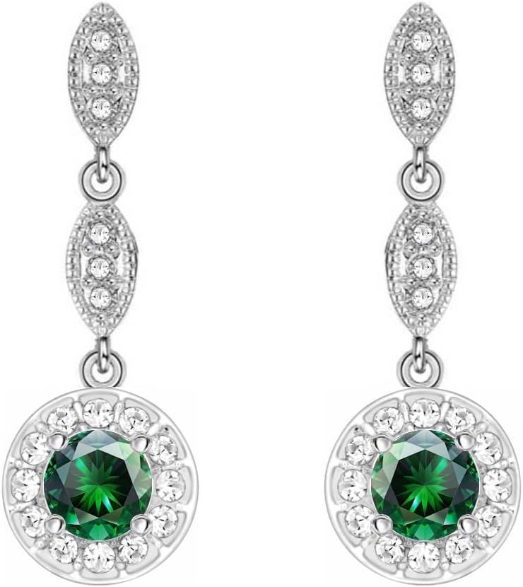 Crystalline Azuria Dangle Earrings with Round Zirconia Crystals 18K White Gold Plated for Women