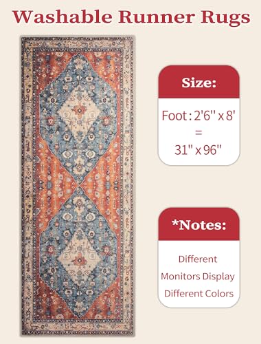SERISSA Washable Boho Runner Rug, 2'6"x8' Non-Slip Tribal Hallway Kitchen Rug Ultra Soft Print Distressed Vintage Floor Carpet Runner for Bedroom Bathroom Laundry Living Room