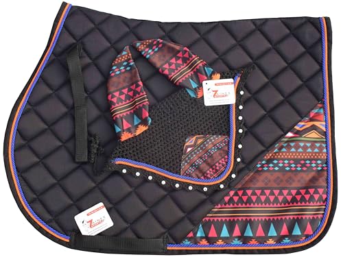 ZAINEE SPORTS Aztec Print Saddle Pad Set with Matching Ear Bonnet – Print Horse Riding Gear – Non-Slip & Breathable – Western/English Show (Horse/Full)