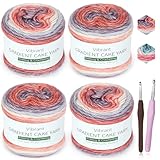 Katech Ombré Yarn for Crocheting-Gradient Cake Yarn-4x100g 60% Cotton 30% Acrylic 11% Wool-Multicolor Soft Rainbow Cotton Crochet Yarn for Scarves, Shawls, Blankets and Garments(L)