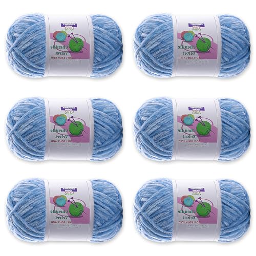 Image of 6 Skeins Soft Fluffy Velvet Yarn, Chenille Chunky for Hand Knitting and Crocheting DIY Craft, Amigurumi Crochet Yarns（6x196.8yds, 6x3.5oz） (Sky Blue)