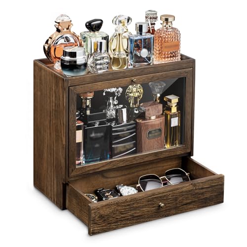 Emfogoo Organizador Perfumes Hombre, 3 Niveles Vitrina para Perfumes con Cajones, Gran Capacidad Organizador de Perfume de Madera, Expositor Perfume para Mostrar Joyas y Cosméticos, Gran Regalo(Retro)