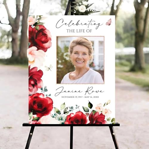 Red and Blush Roses Funeral Welcome Sign, Celebration of Life Welcome Sign, in Loving Memory Sign, Celebration of Life Funeral Sign, Celebration of Life Sign, Memorial Sign with Photo #fR12