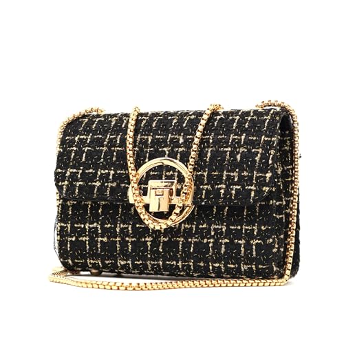 Image of Women Tweed Small Shoulder Bag Handbag and Purse Fashion Ladies Chain Quilted Crossbody Bag Evening Bag Clutch