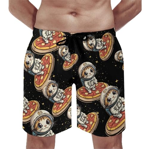 Funny Cat Flying A Pizza Astronaut Men's Swim Trunks Quick Dry Board Shorts Hawaiian Beach Shorts With Pocket