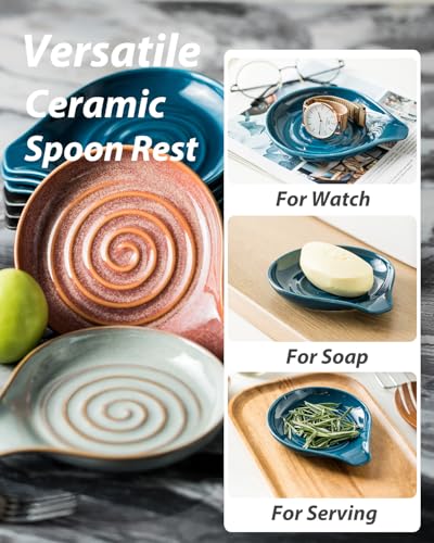 Image of LAUCHUH Spoon Rest, Ceramic Spoon Holder for Stove Top Ladle Holder for Kitchen Countertop Cooking Utensil Rest for Spatula, Tongs, Heat-Resistant Framhouse Decor, Blue, 5 Inches
