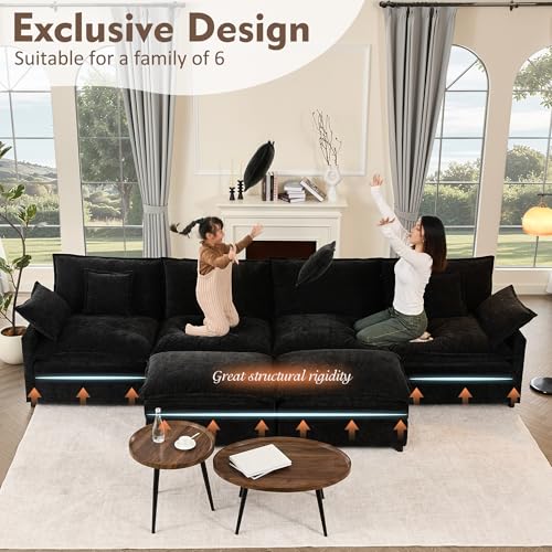 142.5" U Shaped Couch, Modular Sectional Sofa, 3-Seater Comfy Cloud Couch with Movable Ottoman, Deep Seat Couches for Living Room, Chenille, Black