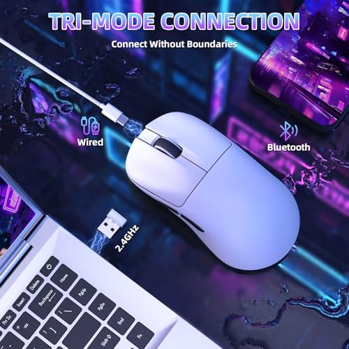 Image of MAGIC-REFINER AJ199 49g Superlight Wireless Gaming Mouse,BK3633 Tri-Mode BT /2.4G Wireless /Wired Mouse,24000 DPI,1000Hz Polling Rate,600mAh,Med Hand Size,5 Programmable Buttons for PC /Mac,White