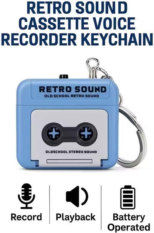 Image of Cassette Player | Retro Cassette Style Audio Recorder Device with Keychain Ring, 15 Second Message Recording Gadget, Cassette Design Body (Blue /Brown)