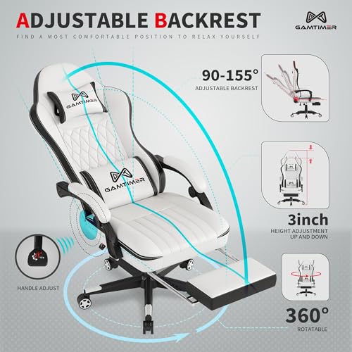 Image of Gamtimer Gaming Chair with Footrest, Ergonomic Computer Chair, PU Breathable Material with Headrest and Lumbar Support, Suitable for Silla Gamer and Adults (White)