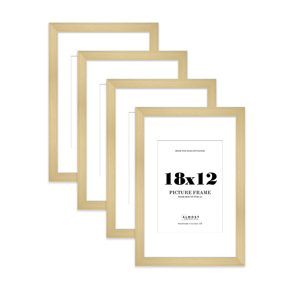 18x12 Gold Frame With Mount for A4 Pictures 28mm Edge Portrait and Landscape Display with Wall Hooks, 4 Pack