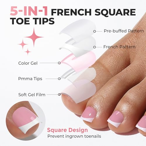 Image of UNA GELLA French Toe Nail Press Ons, Pre-Etched 15 Sizes Sharp Square Berry Pink 180Pcs Press On Toenails False Toes Soft Gel Square Full Cover Fake Toenails for Nail Extensions DIY Salon Pedicure