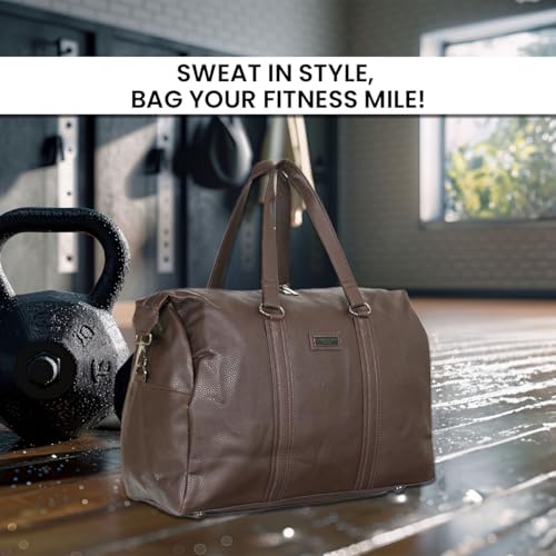 Image of Kenneth Cole 30L PU Duffle Bag for Travel & Gym | Spacious Unisex Handbag with Metal Hardware for Men & Women | Ideal for Weekend Trips & Workouts | Brown