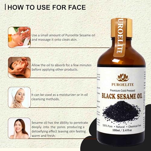 Image of Puroelite Cold Pressed Black Sesame Seed Oil | 100 ml Each (Pack of 2, 200 ml Total) | 100% Pure & Natural | For Face, Hair & Body Care | Glass Bottle with Dropper