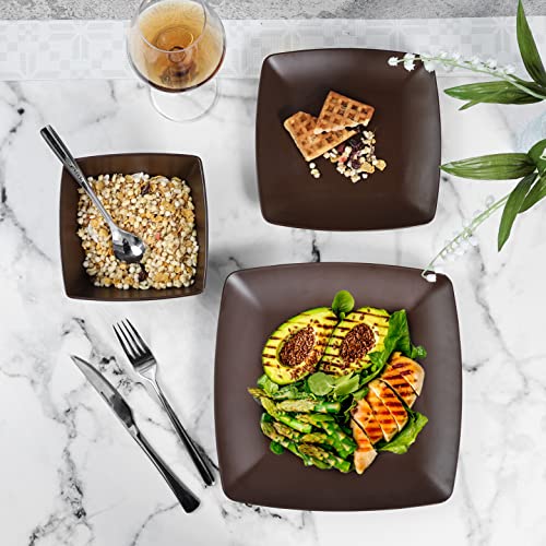 Melamine 12Pcs Classic Square Dinnerware Set, Concise Plates And Bowls Set, Service For 4, Dishwasher Safe (Dark Brown) #TOP2