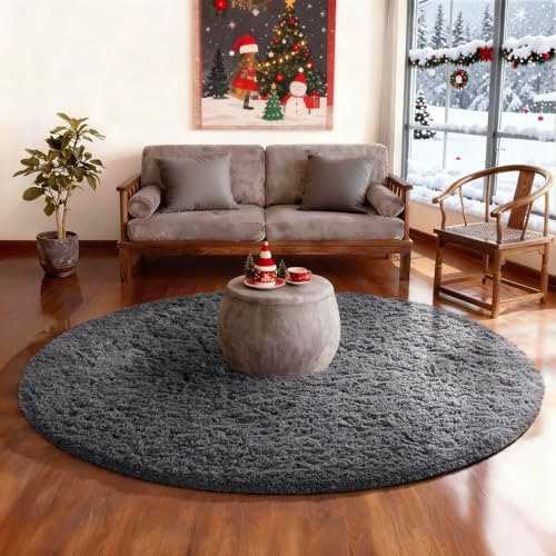 Ophanie Round Rug 4Ft Grey Circle Area Rugs, Fluffy Fuzzy Small Bedroom Carpet 4 Foot, Plush Shag Floor Gray Living Room Christmas Circular Aesthetic Decor for Kids Teen Boys Baby, Nursery, Classroom