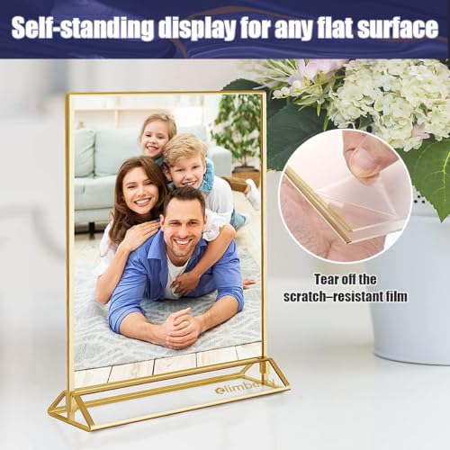 Image of Climberty 6 Pcs A6 Acrylic Gold Signage Holders,4 X 6 Inch Clear Picture Frames With Gold Borders And Vertical Stand,Double Sided Table Menu Display Stand For Restaurant Signs,Wedding Table And Photos