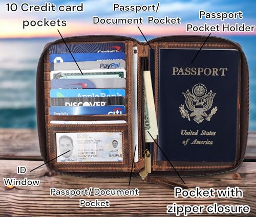 Passport Wallet - Travel Document Holder w/RFID Blocking – Full Grain Leather – Bifold compact zip around Wallet with Credit Card Slots for Women and Men,distressed brown,500-302