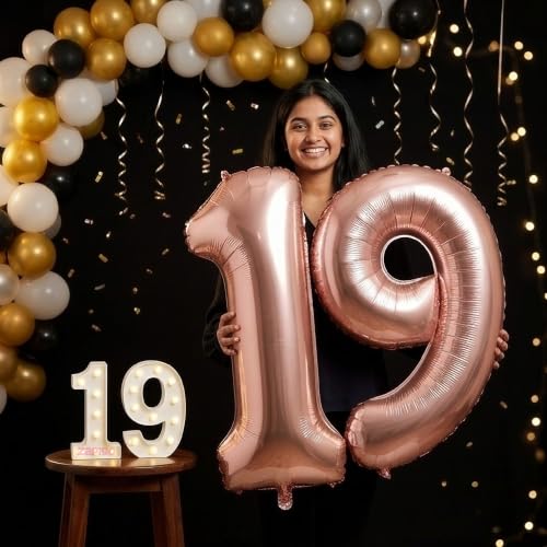 Image of Balloonistics Rose Gold 40-Inch Foil Number 19 Balloon with Matching LED Marquee Light - Combo Set for 19th Birthday, Anniversary, Party Decoration, Photo Booth Backdrop