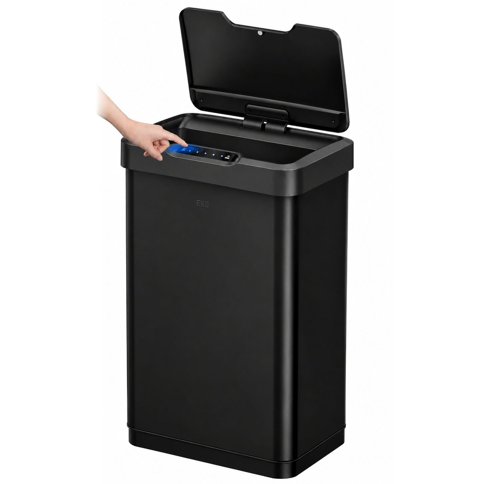 EKO Mirage-T - Cubo de basura rectangular con sensor de movimiento sin contacto de 50 litros/13.2 galones, acabado de acero inoxidable cepillado (negro mate)