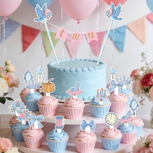 READIGO Princess 2nd Birthday Cake Toppers Set, 24PCS Pink Blue Princess Cupcake Toppers with 1 Mini Banner Cake Decor for Birthday Party, Baby Shower by READIGO - Used condition - Image 4
