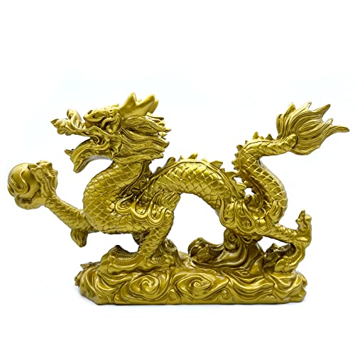 Estatua Feng Shui Dragón Dorado de Resina 13 Pulg