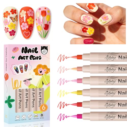 Image of 6 Colors 3D Nail Art Pens 0.7mm, Waterproof Quick Dry for DIY Nail Design | Acrylic Nail Markers for Liner, Dotting & Painting. Home & Salon DIY,Beginners Friendly,Christmas and Halloween Nail Art