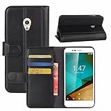  HualuBro Funda Vodafone Smart Prime 7, [Protección Todo Alrededor] Genuine Cuero Leather Billetera Wallet Carcasa Case Flip Cover para Vodafone Smart Prime 7 Smartphone (Negro)