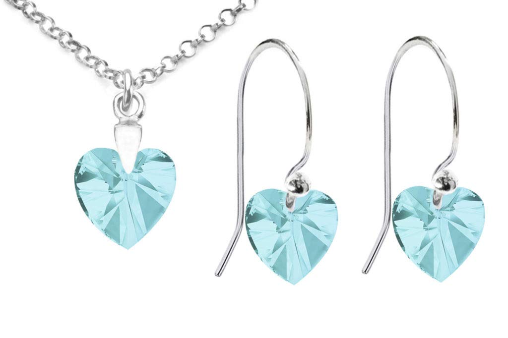 GIFT BOXED! Ah! Jewellery Ladies Eye Catching Sterling Silver 10mm Turquoise Heart Crystal Fish Hook Earrings & Necklace Set, Stamped 925.