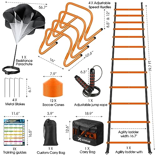 X-UMEUS Agility Ladder Speed Training Equipment Set-20ft Agility Ladder,12 Soccer Cones,4 Hurdles, Jump Rope, Running Parachute| Basketball Football Soccer Training Equipment for Kids Youth Adults