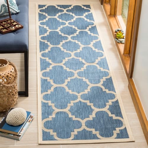 SAFAVIEH Courtyard Collection 2'3' x 12' Blue/Beige CY6243 Moroccan Trellis Indoor/ Outdoor Patio Backyard Mudroom Runner Rug -  CY6243-243-212