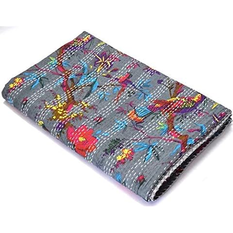 Ganesham - Colcha de algodón para dormitorio, diseño étnico antiguo, bohemio, cama plana, bordada a mano Kantha Stich, reversible, colcha para cama king size Cover