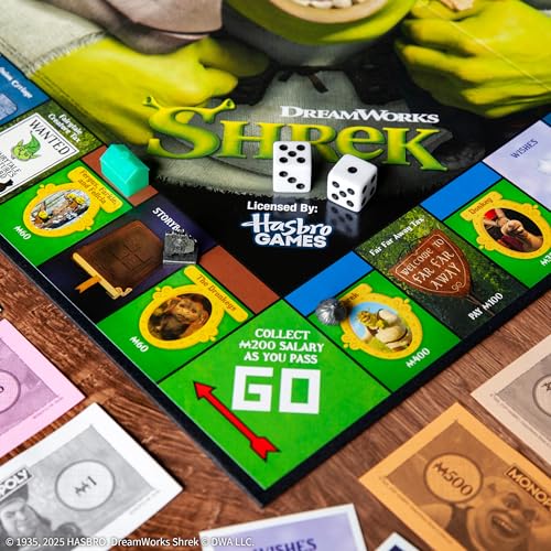Image of MONOPOLY: Shrek Edition Board Game, Buy, Sell & Trade, Iconic Fairy Tale Characters like Shrek, Donkey, Puss n Boots & More, Classic Family Game for Ages 8+, Officially Licensed DreamWorks Merchandise