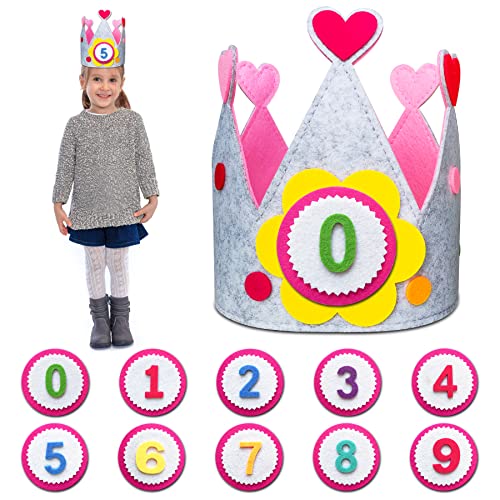 Dreamark Corona Infantil de Fieltro Clásico, Sombrero de Cumpleaños con Números Intercambiables del 0 al 9, Adecuado para Fiestas de Cumpleaños y Carnaval (Amor Rosa)