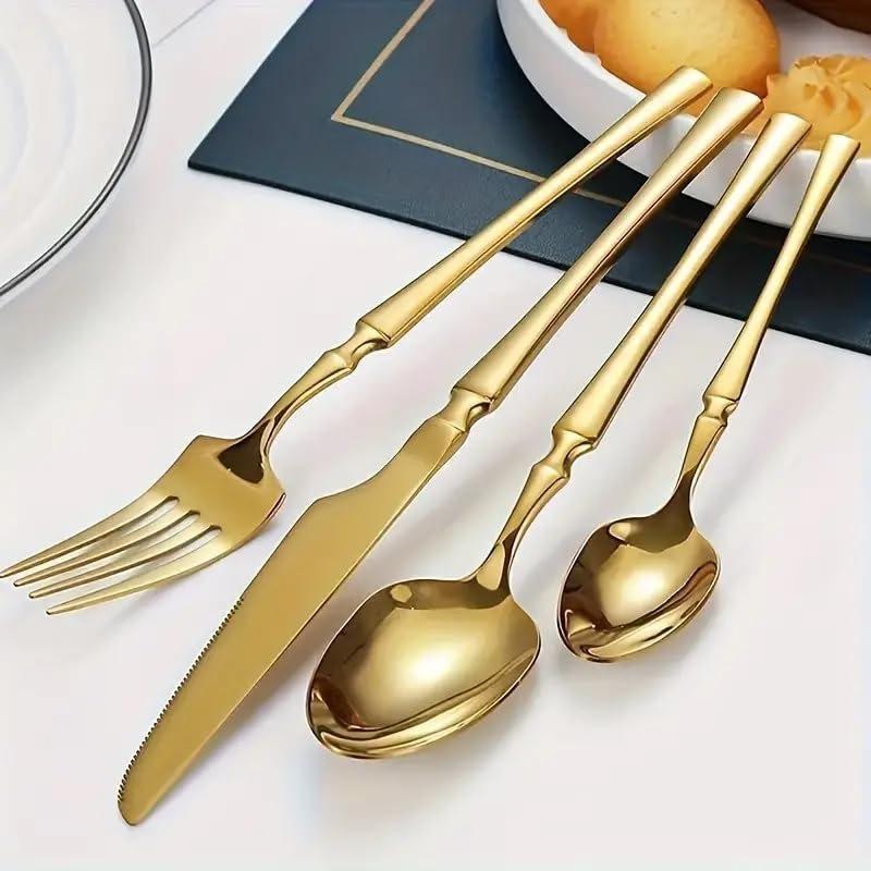 Image of aDai Mirror Finish 20-Piece Korean Vintage Style Flatware Set with Gift Box | Dishwasher Safe Stainless Steel Cutlery for Home, Restaurant & Gifting (Gold)