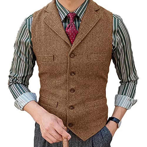 Mens Formal Casual Herringbone Tweed Suit Vest Groomsman Lapel Vintage Jacket Dress Waistcoat for Work Party XS-5XL (Color : Brown, Size : 5X-Large)