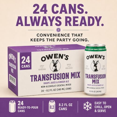 Image of Owen's Premium Non-Alcoholic Sparkling Cocktail and Mocktail Mixer, Drink Mixer for Cocktails, Mocktails, and Party Beverage, 24 Pack of 8.2 fl oz Cans (Transfusion Mix)