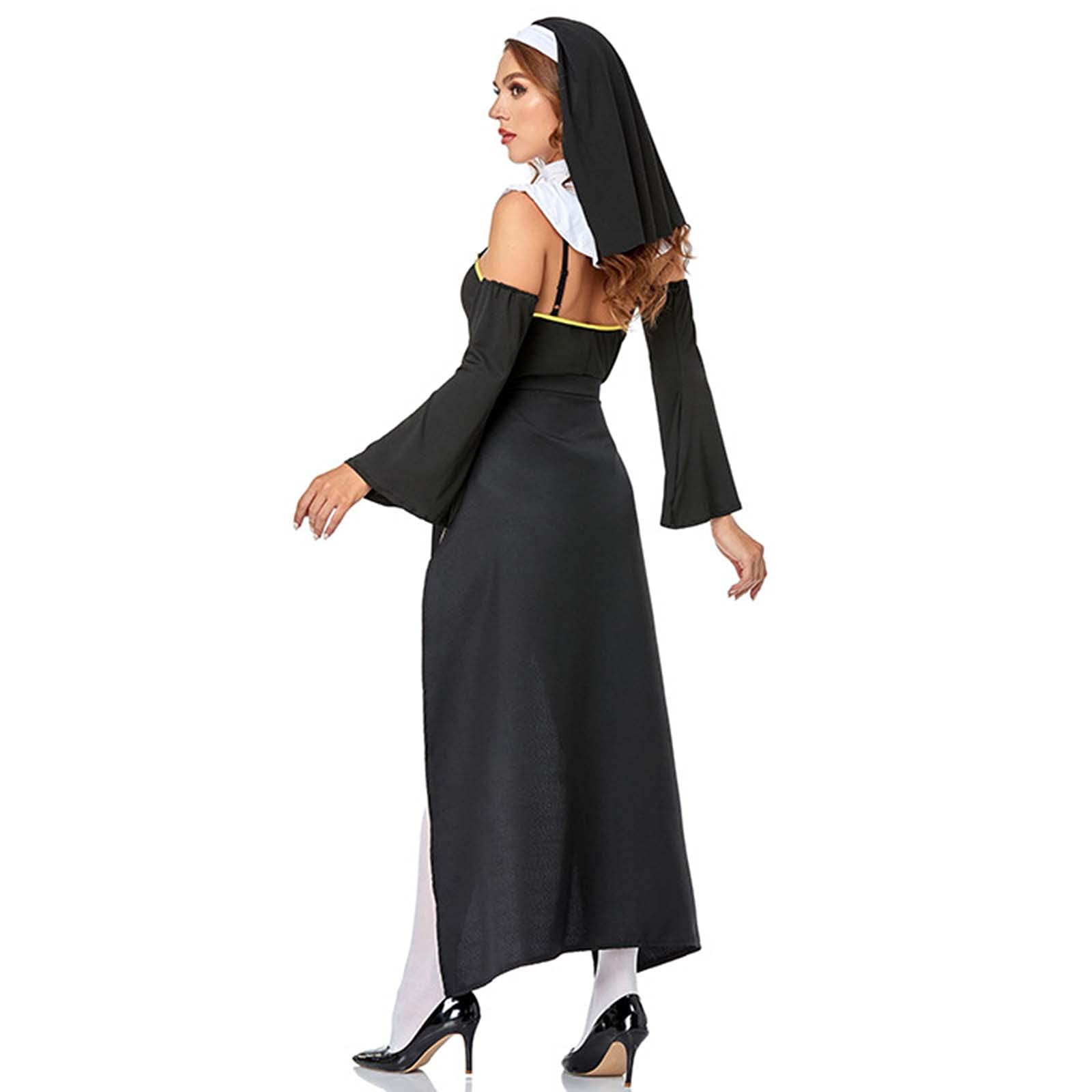 Conjunto De Accesorios De Disfraces De La Monja De Halloween para Mujer, Guantes, Calcetines del Muslo De La Rodilla para El Traje De Carnaval De Cosplay,Negro,XL