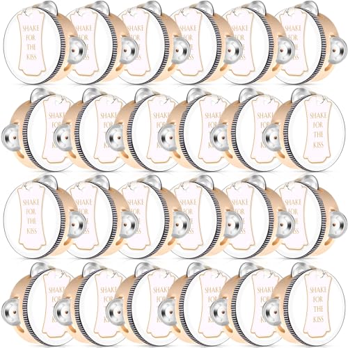 24 Set 4 Inch Tambourine for Adults Wooden Hand Held Drum with Metal Jingles, Gift Tags, White I Love You Printed Ribbon Percussion Gift Musical Instrument for Church Wedding Party Favor