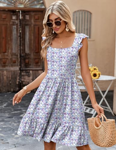 Image of Zeagoo Womens Summer Dress Casual Ruffle Tiered Floral Square Neck Sundresses Beach Boho Mini A-line Dress 2026 with Pockets