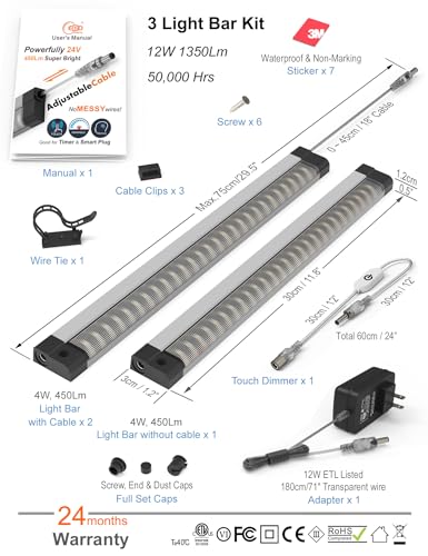 Image of Under Cabinet Lights Built-in ADIUSTABLE Cable LED Light Bar No Messy Wires! Touch Under Counter Lights for Kitchen 3Pcs 6500K Cool White 1350Lm Under Cabinet Lighting Good for Timer Smart Plug