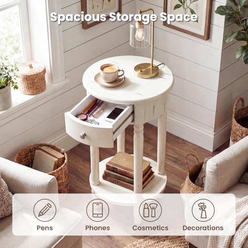 Image of HOMPUS Round End Table with Drawer, Tall end Table with Open Shelf, Farmhouse Rustic Nightstand, Slim Side Table for Small Spaces, Skinny Modern Space-Saving Accent Table for Bedroom, Easily Assembled