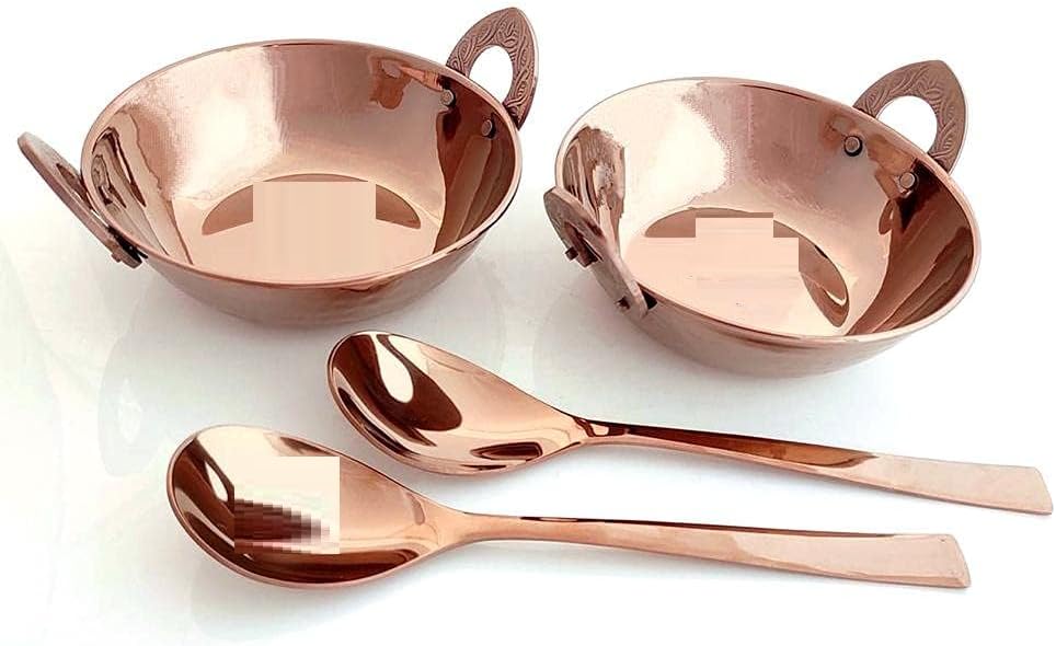 Steel Rose Gold Serving Set – 4 Pcs Hammered Design with 2 Kadhai & 2 Serving Spoons – Traditional Indian Tableware – Rose Gold-Finish Stainless Steel Cookware for Dining & Kitchen