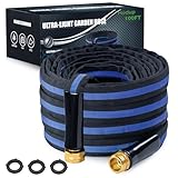 HODUP Ultra Lightweight 100FT Garden Hose - Heavy-Duty Kink-Free Flexible Hose, Non-Expanding Design with Aluminum Brass Fittings, Crush-Proof for Yard/Lawn/Outdoor Use(black-blue, 100 FT)